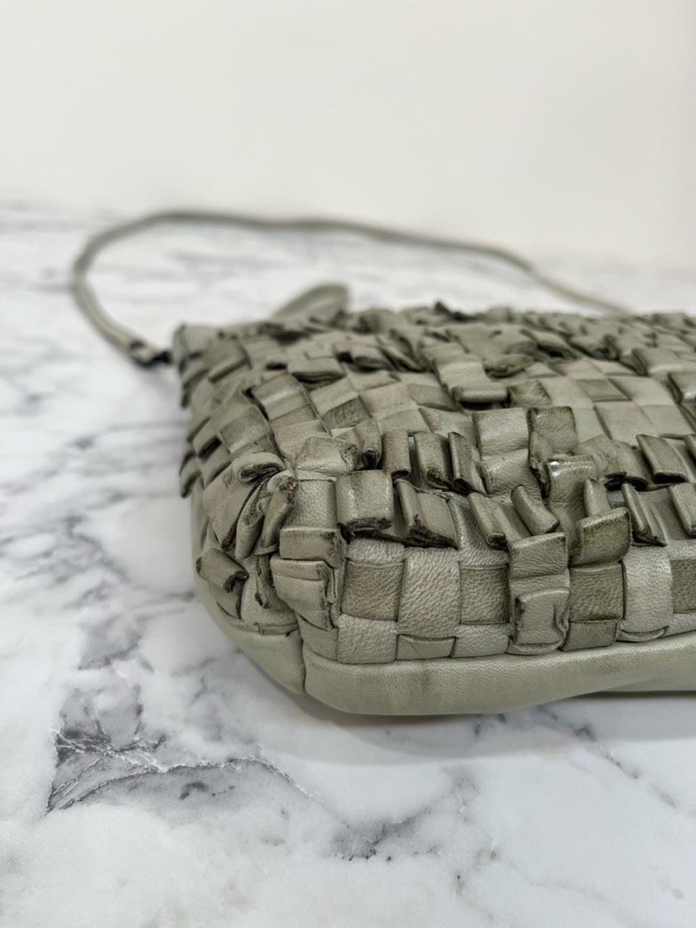 Hobo woven leather loop fringe crossbody bag Sage green convertible wristlet - Picture 9 of 14